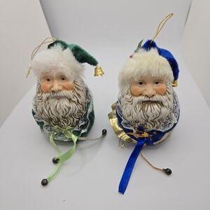 Set Of 2 Porcelain Bisque Santa Claus Head Christmas Ornament Velvet  4"